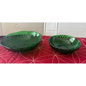 Vintage Emerald Green Glass Bowl Set Hobnail and Grape Pattern Footed Dishes